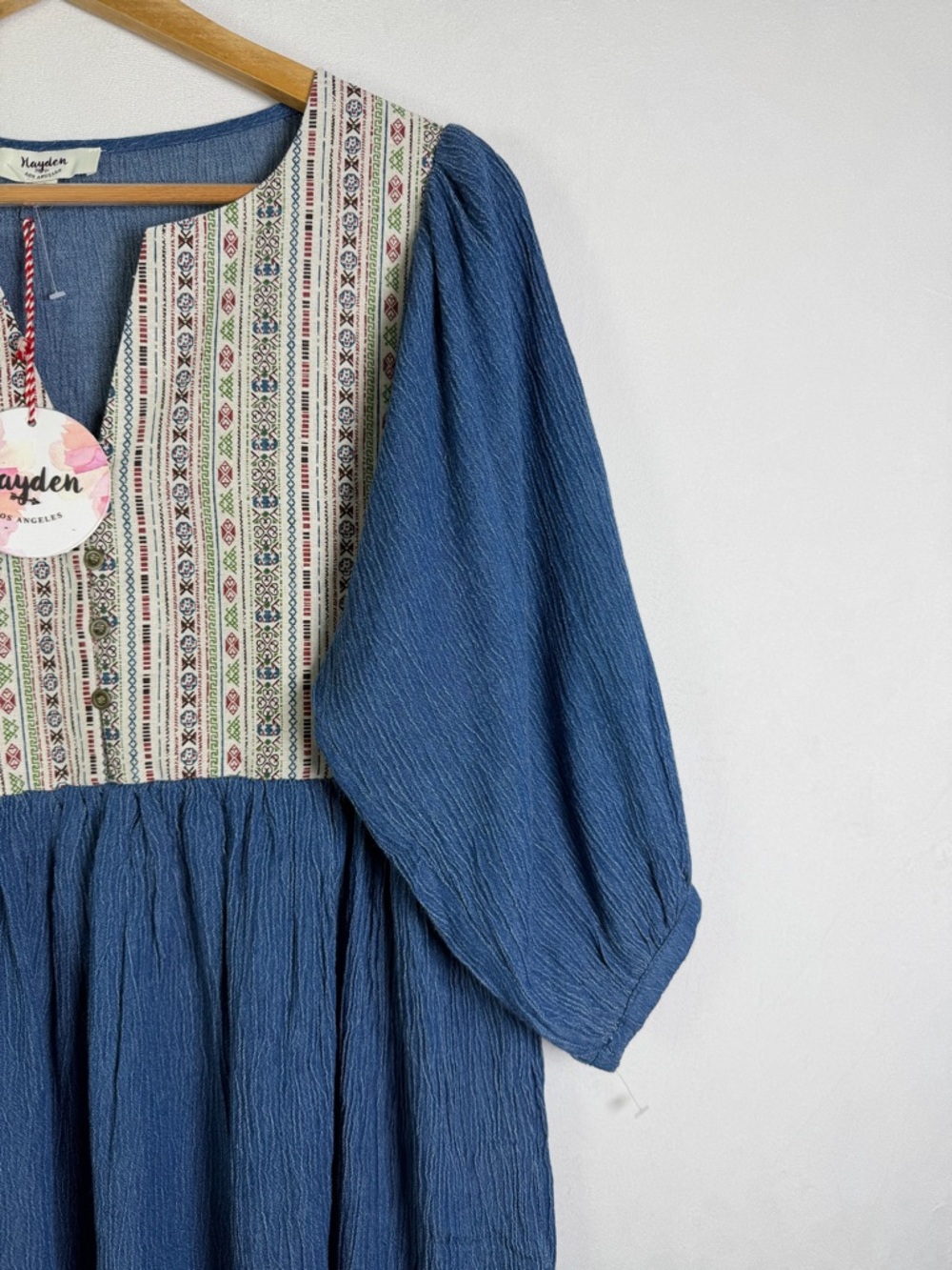 Hayden LA Women’s Blue Prairie Dress Boho Peasant Puff Sleeve Babydoll Sz S - Picture 7 of 10